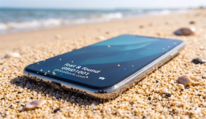 Smartphone am Strand mit GBID-Hinweis