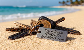 Schlüssel mit GLOBALBACK-ID am Strand
